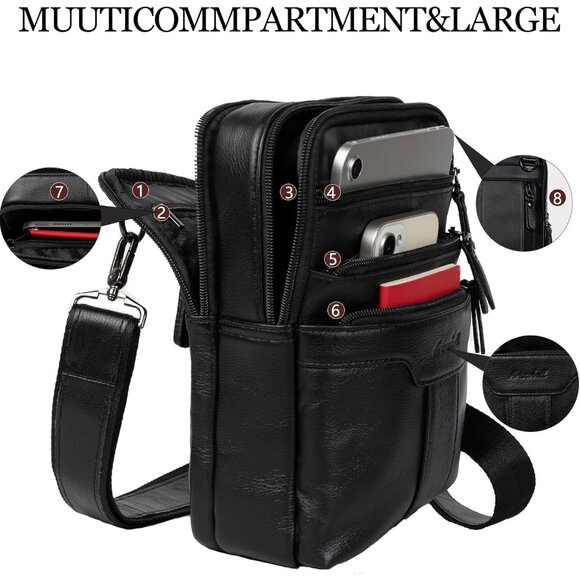 Men's Black Small Zipper Messenger Pack Genuine Leather Sling Shoulder Bag - Picture 3 of 7